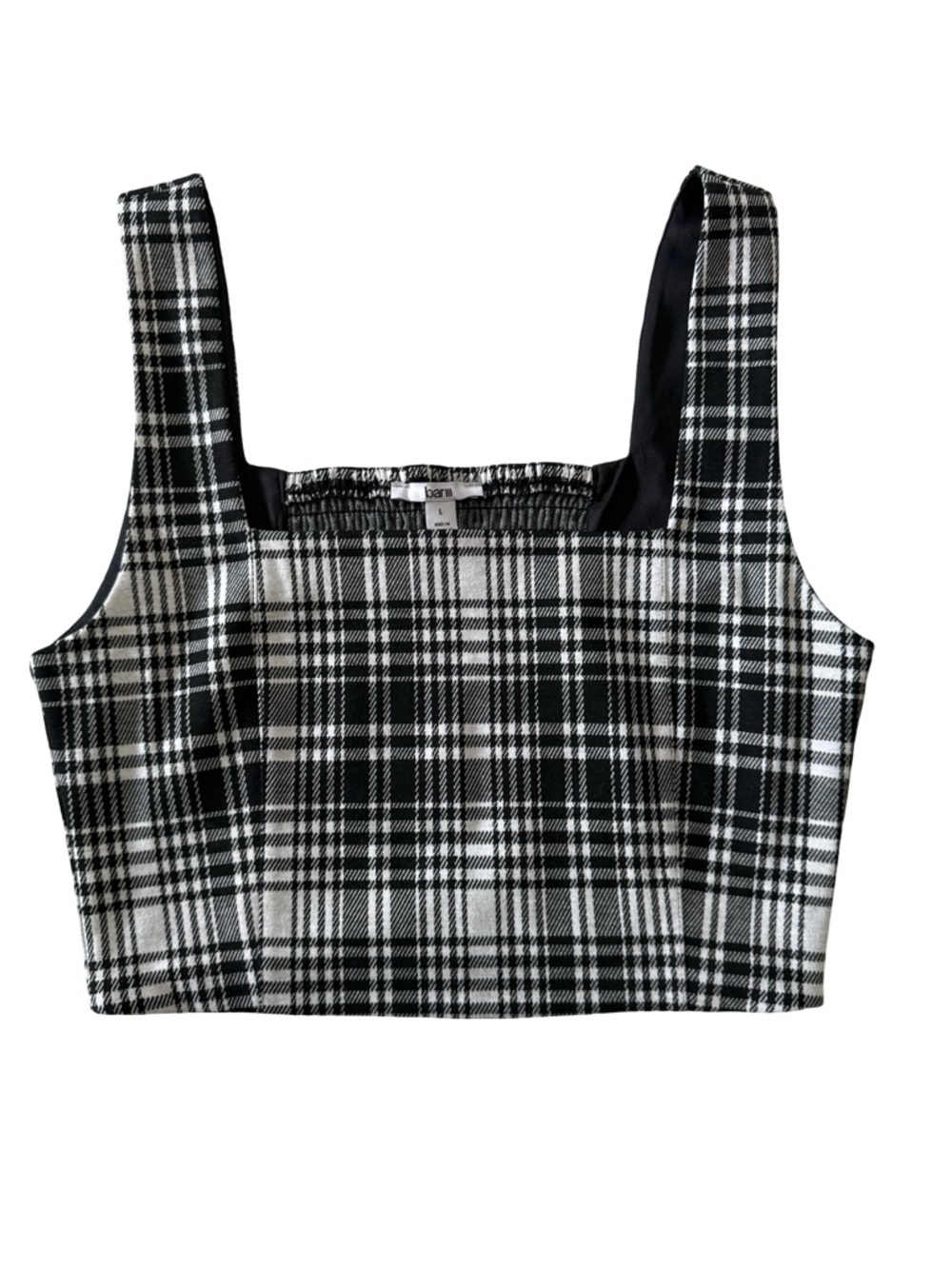Plaid Cropped Tank Top Square Neck Smocked Back Size L black white